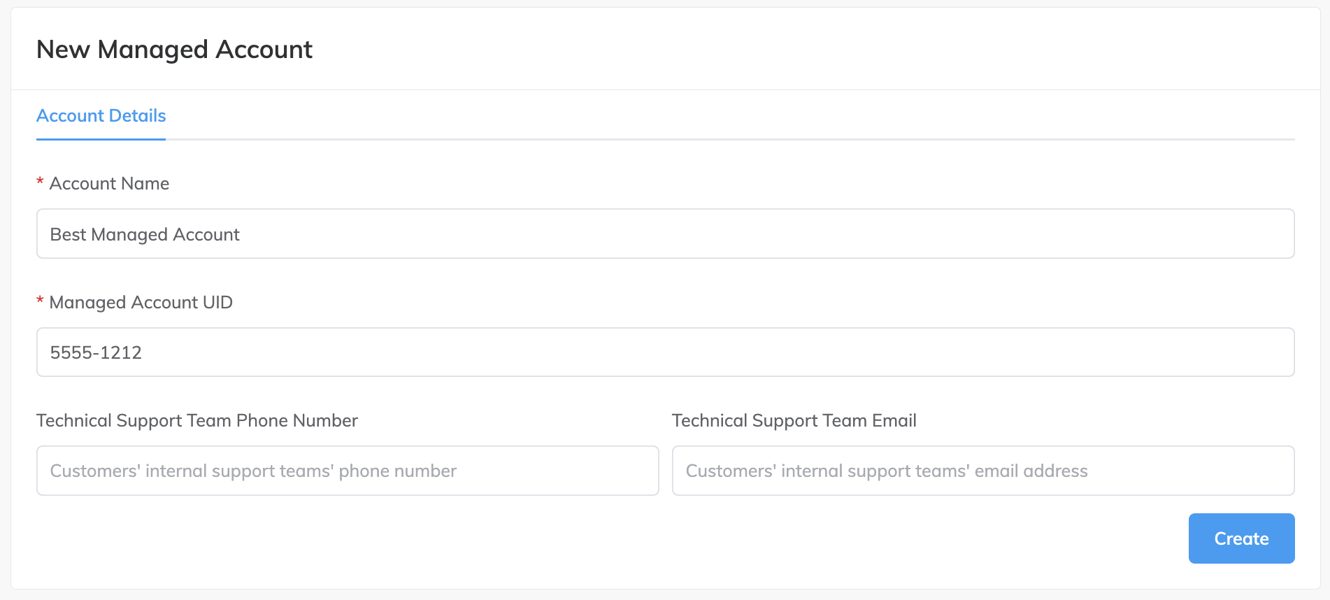 This image shows the New Managed Account screen where you can create a new managed account