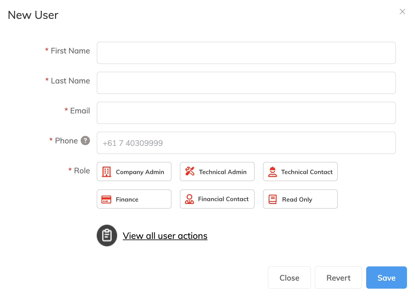 All fields to be completed when creating a new user. This includes name, email, phone number, and role.
