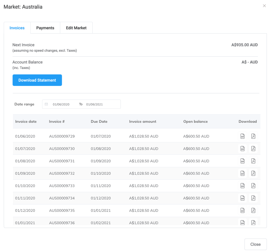Viewing a list of invoices