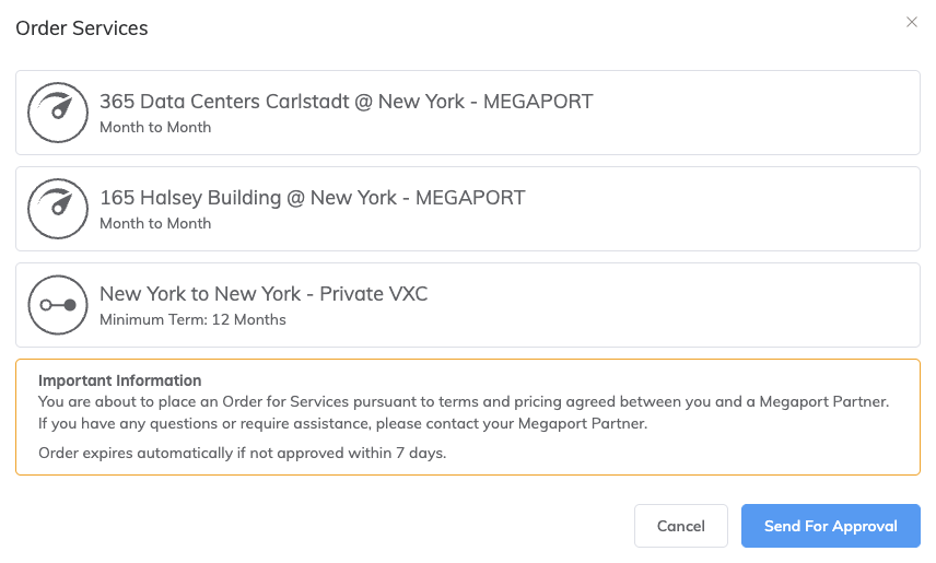 The Order Services screen for users using the Service Approval Queue. There are two buttons: Close and 'Send for Approval'