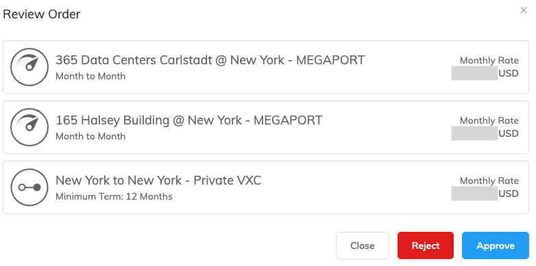 The Review Order screen shown to partners, showing the contents of an order (two Ports and a VXC) and buttons to reject or approve the order, or close the dialog