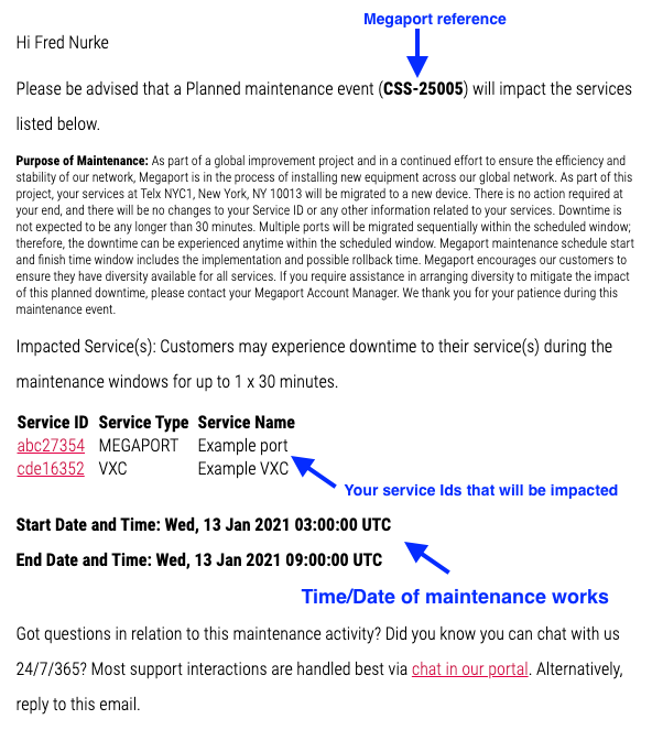 Network maintenance notification example